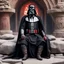 Placeholder: covered with tattoos: Darth Vader as a tattooed gangsta monk with collars and bracelets, he is sit on the stones of his bloody monastery, he is relax and smokes, his outfit is dusty, rusty, nd bloody: he was Born Ready