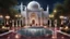 Placeholder: Hyper Realistic people praying outside Beautiful-Decorated-Huge-White-Brick-Mosque with maroon-marble-flooring & Beautiful-Garland-Light-&-Decorations surrounded by a beautiful garden-&-Water-Fountain at beautiful dark night with full-moon & cloudy-sky