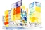 Placeholder: watercolor and ink, tint leaks, whimsical arafed nonsense, patchwork vibe, (((side view))) two arafed glass interlock liminal space swooshing in a sunny whimsical downtown, double negative, with extreme body action and with (((oversize head))), sharp color contrasts, amazing shadows, minimal cozy, warm palette, bright bold warm summer colors with yellow orange black colors, color leak, heavily distorted views, amazing parallels, extreme urban decay
