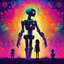 Placeholder: psychedelic colorful silhouette, robot holding hands with little girl, artistic