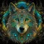 Placeholder: Image of a wolf made up of thousands of very thin glowing lines.Wolf is looking straight at the camera , Symmetrical image, Background is a colorful flowy swirls, golden lines, 3D, alcohol ink effects, sprinkle glitter, pearls, beads. Placed in a glass ball..