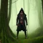 Placeholder: Male, Dark hair, Digital Art, Bow in hand, Hooded Cloak, Dark Forrest background, hunting