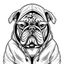 Placeholder: line art drawing of a bulldog wearing a hoodie with sun glasses. The hoodie has the outline shape of a bulldog. black and white, no background