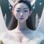 Placeholder: smooth hyper realistic, beautiful Japanese goddess, pale colors, dark cosmos background, cat еye, extremely sharp detail, finely tuned detail, ultra high definition, 8 k, unreal engine 5, ultra sharp focus, accurate sword wings, positive smile, lot of details, fit within portrait, Ambiance winter, perfect composition, perfect hair, perfect hands, finger up gestures