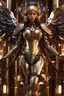 Placeholder: Photo Full body Lady Angel cyborg straddle wings, using traditional armor,detailed, intricate,gears cogs cables wires circuits, gold silver chrome copper,abstract background