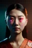 Placeholder: Studio photo portrait, Asian woman samurai, cyberpunk,red, white, black, led wires, glow eyes, cinematic, Ultra realistic, wide angle view, soft color, highly detailed, unreal engine 5, RTX, ultra detail, 3d, finely drawn, high definition.