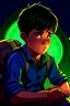 Placeholder: gimme a book cover photo which a boy 11 year old with dark hair in the dark with a backpack and a watch who is laying unconisous