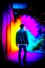 Placeholder: Young man walking away from a building that is exploding at night, with coloured auras all around him