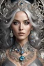 Placeholder: Fullbody photography ultra realistic portrait natural beauty of young woman, beautiful, shiny hard eyes, make up, shiny baubles, ornate, large gemstones, shiny molten metalics, shiny wire filigree, silver hair, high definition, high res,establishing shot