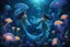 Placeholder: underwater swimming one bioluminescence skin sea fairy mermaid woman each together one giant bioluminescence jellyfish , around fantasy nature, with neon bioluminescence flowers, sea bubles, neon sea plants, etheral, dark blue background ethereal fantasy hyperdetailed , stunning