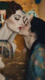 Placeholder: Masterpiece, fine art, award winning, "like Gustav Klimt : the Kiss in a chair" 2 w, RAW photo, eye candy in the style of (petra collins::Robin Eley:1.5), (Suhaila Ben Lachhab::Heidi Moussa:1.5) in breathtaking cinematic shot (full body shot, from below angle) that emphasizes the stunning cheek bones, texturized black hair,(big detailed eyes:1.5) (cottagecore aesthetic:5) with extreme sensuality, Irresistible with (porcelain skin:4.8), sitting on an old chair, retro vintage style