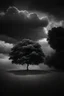 Placeholder: A single very small tree, a huge dark cloudy sky, ray light, conceptual photo, art photo, illusion, fine arts, surrealism, black and white