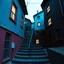 Placeholder: Fotografia di strada assurda e falsa orripilante blu weirdcore dai colori vivaci, liminalcore. Scale che scendono. Yves Tanguy. Non luogo falso, inusuale. Le case sono false e dipinte di nero chiaro con cose stilizzate e dettagli. Ci sono finestrelle false quadrate, che danno un senso distopico e molto surreale, disposte in modo casuale. L'atmosfera generale sembra noiosa e onirica, con un contrasto tra elementi reali ed elementi dipinti falsi, René Magritte, oddest things