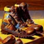 Placeholder: brown moutain shoes, art, acrilyc colors, bright, masterpiece, realistic