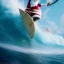 Placeholder: Santa standing of surfboard surfing a big wave, empty hands, beach, character design by cory loftis, fenghua zhong, ryohei hase, ismail inceoglu and ruan jia. unreal engine 5, artistic lighting, highly detailed, photorealistic, fantasy