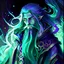 Placeholder: a fantasy image of a man in an anime style, the man has long flowing green hair and his eyes are dark blue, he is wizard like with a beard and wearing resplendent mystical robes. Gradient color scheme