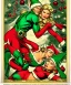 Placeholder: two elves. woman and man. Christmas scene. poster. marvel comic. low-key