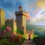 Placeholder:  Castle into sky, with flowers of fire. Green clouds and birds. Shy girl going out of the main gate. Detailed painting, sharp color, medieval, intricate detail, far sceen, realistic colors, medieval concept art. spring.