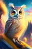 Placeholder: a full portrait of a cute owl, bright tone, fantasy landscape