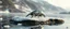 Placeholder: airbrush 3d rendering, close up chrome centipede lobster space ship on small frozen island in lake, pinhole cam, background motion blur