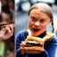 Placeholder: Greta Thunberg eating human meat burgers oozing with grease.