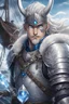 Placeholder: warrior in anime style, with blue eyes wearing silver Vikings armor with a blue crystal on his chest with a battle axe on the pirate ship, anime, anime style