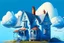 Placeholder: House illustration, realistic, detailed, illustrative, childrenbook style, Blue house, sky