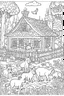 Placeholder: A cute cozy woodland cabin surrounded by peaceful animals, Coloring page for kids, cartoon style, thick outline, low details, no shading, no color