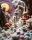 Placeholder: Close-up photograph of detailed creepy landscape made of cake-frosting and felt, crystallizations, hyper detailed human figure, animals, crystallized plants, fungi, crystals, mineral concretions, sun, Amano, Roger Dean, strong texture, Ernst Haekel, extreme detail, intricate, colours, Max Ernst, Sam Raimi, rich moody colors, sparkles, octane render, bokeh, 33mm photography