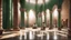 Placeholder: Hyper Realistic Photographic-inside-view of people praying inside a Huge Green-Brick-walled & beautifully-crafted-Brown-pillars & marble-flooring mosque sun-rays-coming-inside-architectural-window & fancy-carpet showing dramatic & cinematic ambiance