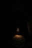 Placeholder: character in semi-darkness, on the scree cone of an underground room dimly lit by daylight coming from a well located forty meters above.