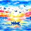 Placeholder: watercolor landscape view for ocean at the sunset and birds are flying in a blue sky and a small boat in the water