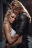 Placeholder: A photo realistic portrait of a stunning blonde girl and muscular long haired blonde male in a lovers embrace in modern clothing