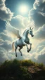 Placeholder: A very beautiful all shiny white horse with wings flying in the cloudy sky above the plant earth , Bosch nightmares style painting, 4k, very hood quality picture