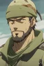 Placeholder: Anime side character in army with muscles , army suit, army cap , army robe ,short beard and middle Eastern skin aged 30