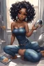 Placeholder: Create a futurism magna art of a black chibi curvy female sitting on the floor looking at herself in a hand mirror. She is wearing tight blue jeans and a black off the shoulder blouse. Prominent make up with lush lashes. Highly detailed long wavy hair. She is also wearing silver large hoop earringsart of a black chibi curvy female sitting on the floor looking at her cell phone. She is wearing tight blue jeans and a black off the shoulder blouse. Prominent make up with lush lashes.