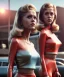 Placeholder: Ultra Realistic retro sci-fi movie Supermarket parking scene, 1960 year, waist up view portrait, 2 clones blonde women, sweet teenager Jane Fonda face, perfect iris, glow eyes, face makeup, tight latex coat, Scare people, Retro sci-fi style, soft color, highly detailed, unreal engine 5, ray tracing, RTX, lumen lighting, ultra detail, volumetric lighting, 3d, finely drawn, high definition, high resolution.