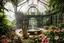 Placeholder: Victorian green open house overtaken by jungle,with smal natural pool in center exotic birds nesting in iron rafters, morning mist, lost paradise atmosphere,a pretty model lady in victorian clothing walking in flowers to camera that capture closeup full body shot of her majesty.