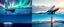 Placeholder: Epic expedition collage, four equal panels arranged in a 2x2 grid, connected by a thin red route line across the image. Top left: Russian Arctic coast, powerful expedition ship navigating sea ice beneath colorful aurora, polar bears on ice floes, dramatic polar light. Top right: Alaska wilderness, humpback whales breaching in front of snow-covered mountains and glaciers, crystal-clear water, golden sunlight. Bottom left: California coast, expedition vessel sailing beneath the Golden Gate Bridge