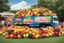 Placeholder: Captivating photo of a large truck full of variety of fresh fruits. The truck's exterior is adorned with an eye-catching "Fruits Express" logo. The fruits spill out of the truck, creating a large carpet of fruits on the grass, around them there are people from various backgrounds collecting the fruits with enthusiasm. The atmosphere is one of joy and happiness, with a clear summer sky.