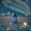 Placeholder: a young woman in field at night with lots of stars, looking at a UFO photo style