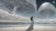 Placeholder: Wide-angle shot of a woman, standing to one side on a beach with huge waves, with dark hair in a silver robotic catsuit, many large moon jellyfish shaped like mushrooms with tentacles floating high up in the air, masterpiece, best quality, super detailed