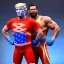 Placeholder: Realistic image of Donald trump wrestler, Mexican wrestling style, eyes mask, red and blue breeches, glow confederate flag dress, suspenders, retro style, 80s, vibrant color, highly detailed, sky background, concept art, unreal engine 5, god rays, ray tracing, RTX, lumen lighting, ultra detail, volumetric lighting, 3d, finely drawn, high definition, high resolution.