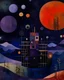 Placeholder: A dark purple space station in a galaxy filled with planets painted by Paul Klee