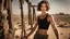 Placeholder: beautiful slender caucasian female technician, black tank top, well toned muscles, weathered face, scratched sand camo metal details, short brunette wavy bob haircut, dystopian, desert scene, being hit by a bullet, explosions in background