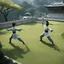 Placeholder: scene from above in medieval China by Ray Harryhausen: Two women exercising with weapons to practicing the art of Tai Chi and Qigong in the park. they are perfectly in sync