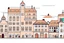 Placeholder: Scene zoomed on on a building in a city in a not scary hell, an exaggerated long que of people outside the building, waiting in line, style: children’s book illustration, flat vector-like, no shadow, minimalistic, no outline, realistic colors in orange, red shades