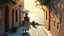 Placeholder: create a luminous oil painting in the style of Claude Monet, elderly woman in flowing gown and parasol strolling through a medieval cobblestone alley, soft glowing colors, impressionist brushstrokes, distant sea shimmering under warm sunlight, atmospheric dreamlike light --ar 16:9 --v 7 --stylize 1600