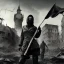 Placeholder: women, faces covered in black masks, ragged clothes, holding flag, war-torn, destroyed city in the background, 8k resolution, hyperrealistic, detailed matte painting, b&w, dynamic lighting, war, anarchy, terrorists