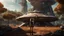 Placeholder: A skinny 50-year-old woman standing, hands on hips, in brown shorts, a shirt, and boots, standing next to a large, sleek cargo spaceship, sitting in a clearing, in a derelict alien city with trees and fungi in clumps.